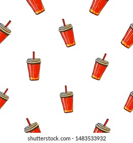 Fashion fast food seamless with red cold drink cup. Stylish modern textile design. Vector fashion sketch. White background. Vintage fabric print. Beautiful pattern