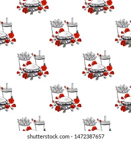 Fashion fast food seamless with roses flowers. Stylish modern textile design. Vector fashion sketch. White background. Vintage fabric print. Beautiful pattern.