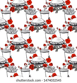 Fashion fast food seamless with roses flowers. Stylish modern textile design. Vector fashion sketch. White background. Vintage fabric print. Beautiful pattern.