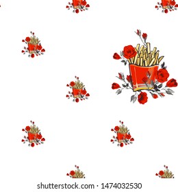 Fashion fastfood seamless with flowers and fries in rose red packet. Stylish modern textile design. Vector fashion sketch. White background. Vintage fabric print. Beautiful pattern