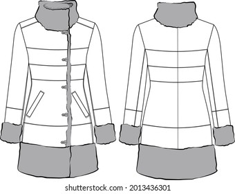 Fashion Faux Suede Jacket Coat With Fur Trim Technical Illustration. Editable Outwear Flat Fashion Sketch