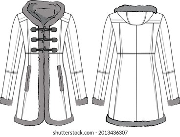 Fashion Faux Suede Jacket Coat With Fur Trim Hood Technical Illustration. Editable Outwear Flat Fashion Sketch