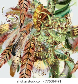 Fashion feather floral pattern in watercolor style vector illustration