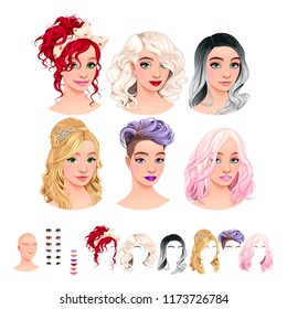 Fashion female avatars. 6 hairstyles, 6 make-up, 6 mouths, 1 head, for multiple combinations. In this image, some previews. Vector file, isolated objects.