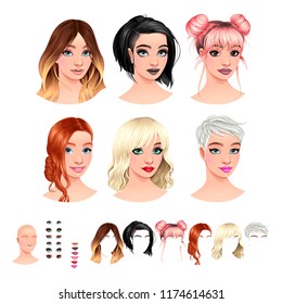 Fashion female avatars. 6 hairstyles, 6 make-up, 6 mouths, 1 head, for multiple combinations. In this image, some previews. Vector file, isolated objects.