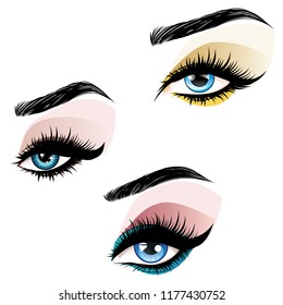 Fashion female blue eyes with decorative makeup illustration.
