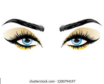 Fashion female blue eyes with decorative makeup illustration.