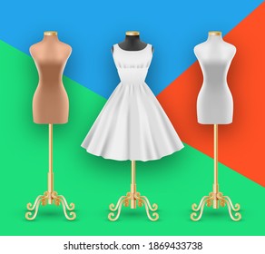 Fashion Female dress mockup and mannequin collection. White Dress with puffy skirt with pleats Realistic 3d object White, gray black variation of dummy isolated color background. Vector illustration