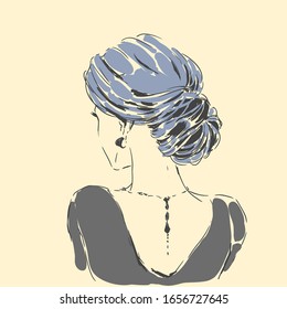 Fashion female portrait with hair cut. Elegant young woman with wedding hair style Simple modern style, minimum color. Black line art. Hand drawn vector illustration, eps10 for haidresser, hair salon