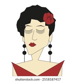 Retrato femenino de la moda con el vestido rojo de los labios y la flor en el pelo. Imagen de perfil de redes sociales de belleza. Geométrica estética de Vector brutal. Plantilla estampada de camiseta.