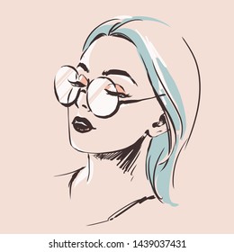 Fashion female portrait in spectacles. Elegant young woman with beautiful face glasses. Simple modern style with minimum colors. Black line art. Hand drawn vector illustration, eps10 for optics sal