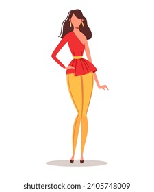 Fashion Figure in Red and Yellow, vector illustration. Stylized person wearing colorful outfit and accessories.