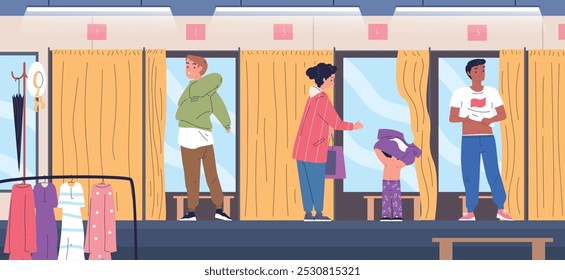 Vestuario de moda. Personas elegir y probar espejo de ropa en cortinas de cabina de vestir tienda de ropa interior de tienda de centro comercial, nuevas compras de ropa de moda, obras de arte originales de Ilustración vectorial con clase