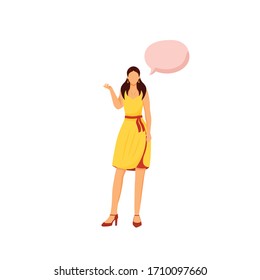 Fashion flat color vector faceless character. Glamour woman in trendy dress. Luxury outfit. Person with speech bubble isolated cartoon illustration for web graphic design and animation