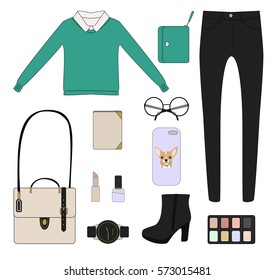 Fashion flat set of women's clothing and accessories