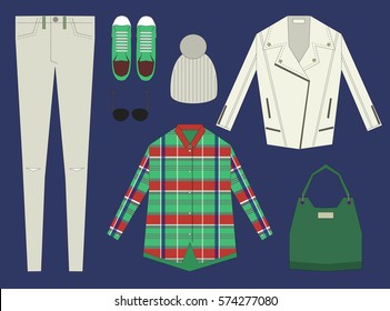 Fashion flat set of women's clothing in bright colors