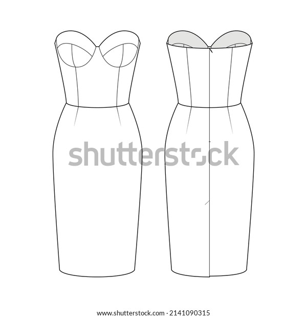 Fashion flat sketch bustier dress. Fashion technical\
drawing of dress 