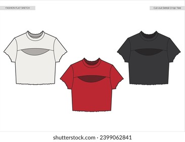 Fashion flat sketch. Cut out detail crop t shirt.