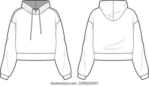 Fashion flach Sketch Vorlage von Mädchen's zugeschnitten Sweatshirt. Überdimensionaler Schweiß aus der Ernte mit langen Ärmeln. T-Shirt CAD mit Kapuze.
Weiße Rücken-Zugmaschine nach oben. 