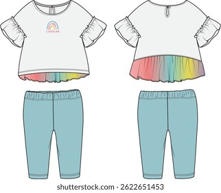 Fashion flat vector illustration of a toddler, baby top and pant with front and back views. Great for digital mockups, catalogs, and design presentations.
