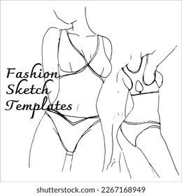 Fashion flats sketch template. Underwear woman design. Black and white outline vector.