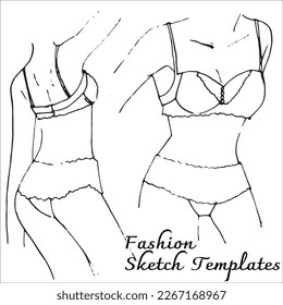 Fashion flats sketch template. Underwear woman design. Black and white outline vector.