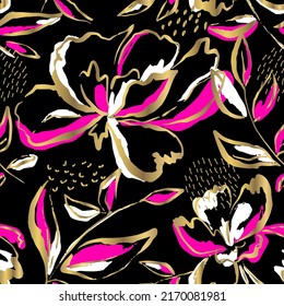 Fondo negro floral de moda. Patrón sin foco con aletas y elementos dorados.