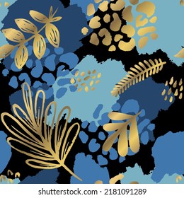 Fashion floral black background. Seamless pattern with tropical flowers, leopard print and gold elements.