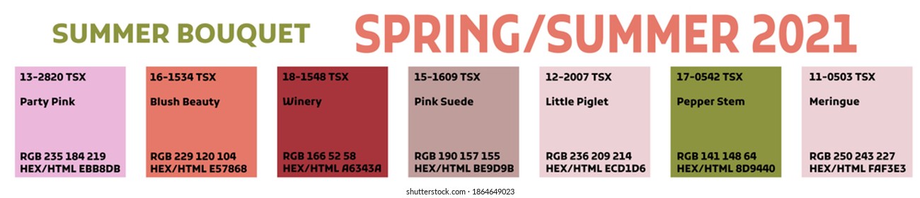 Fashion floral color trend Spring Summer 2021.  Color palette Summer Bouquet of the future trendy colors.  swatch collection set with text name RGB HEX color codes. Vector illustration isolated 
