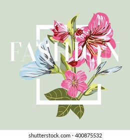 Fashion. Floral Graphic Design. Flower artwork for print to t-shirt, label floral shop, cosmetics branding, Wedding Invitation or Congratulation, art banner and etc. Vector illustration