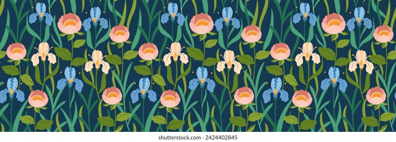 Fashion floral pattern. Irises and other spring flowers and leaves on dark background. Floral print. Trendy botanical arts for your design, clothes, wrapping paper, packaging. Vector flat illustration