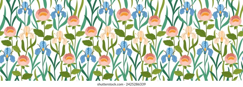 Fashion floral pattern. Irises and other spring flowers and leaves on dark background. Floral print. Trendy botanical arts for your design, clothes, wrapping paper, packaging. Vector flat illustration