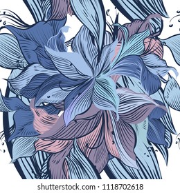 Fashion floral vector pattern with blue lily flowers