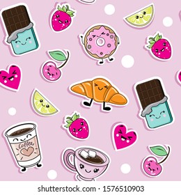 Fashion food stickers in kawaii style on a pink background seamless pattern