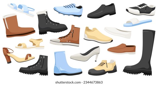 Fashion footwear collection. Set of various shoes. Stylish design, casual boot, elegant, leather sneaker, trendy, classic, beauty, elegance, model. Isolated on white background. Vector illustration.