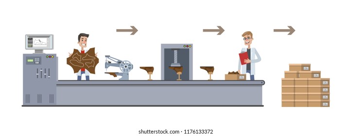 Fashion footwear factory with conveyor and workers. Automated machinery line for boots production. Isolated vector flat illustration