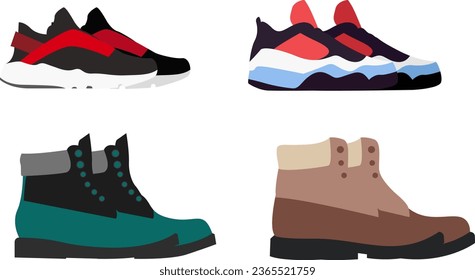 Calzado de moda, zapato de excursión, calzado deportivo, tacones altos, botas, juego de diferentes calzado. Vector, aislado, fondo blanco.