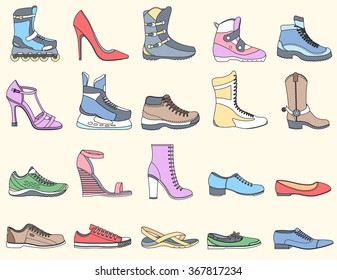 Fashion footwear in sport, stylish, modern, classic, elegant, leather, young, trend style concept. Flat thin lines set icons elements concept background