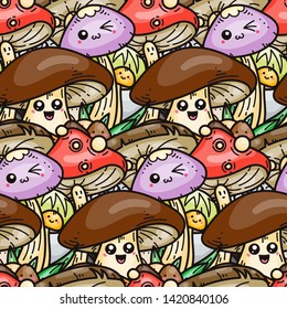 Fashion forest seamless pattern template for clothes, textiles, t-shirt design. Mushrooms, autumn vector illustration