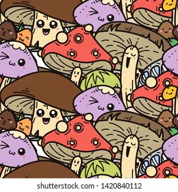 Fashion forest seamless pattern template for clothes, textiles, t-shirt design. Mushrooms, autumn vector illustration