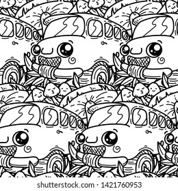 Fashion forest seamless pattern template for clothes, textiles, t-shirt design. Mushrooms and travel bus, autumn vector illustration