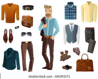 Fashion formal clothing shoes accessories set and hipster man with coat over his shoulder in middle on white background cartoon isolated vector illustration