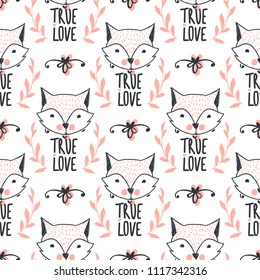 Fashion fox seamless pattern. Cute foxes illustration in sketch style. Cartoon animals background. Doodle style. Ideal for fabric, wallpaper, wrapping paper, textile, bedding, t-shirt print.