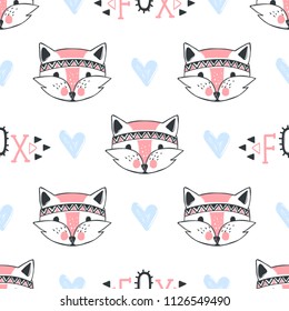 Fashion fox seamless pattern. Cute foxes illustration in sketch style. Cartoon animals background. Doodle style. Ideal for fabric, wallpaper, wrapping paper, textile, bedding, t-shirt print.