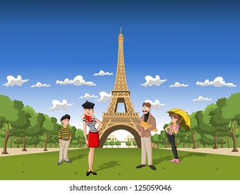 Fashion French Cartoon Family In Paris, With The Eiffel Tower