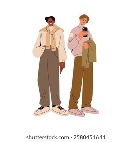 Fashion friends posing for joint photography on phone. Young men wearing stylish autumn clothes take photos on smartphone together. People in trendy outfit. Flat isolated vector illustration on white