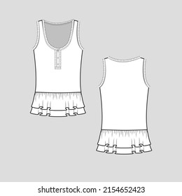 Fashion Frill  peplum top henley Neck frills detail button panel peplum gathering ruffles hem sleeveless tank top t shirt  Clothing flat sketch technical drawing template design vector