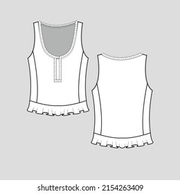 Fashion Frill tank top henley Neck ruffle frill hem detail vest sleeveless t shirt blouse top  Apparel Clothing flat sketch technical drawing template design vector