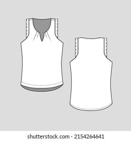 Fashion Frill tank top Notch Neck gatherings ruffle frill detail  high low dip hem t shirt blouse top  Apparel Clothing flat sketch technical drawing template design vector