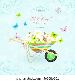fashion garden wheelbarrow with daisy and butterflies. mother's day